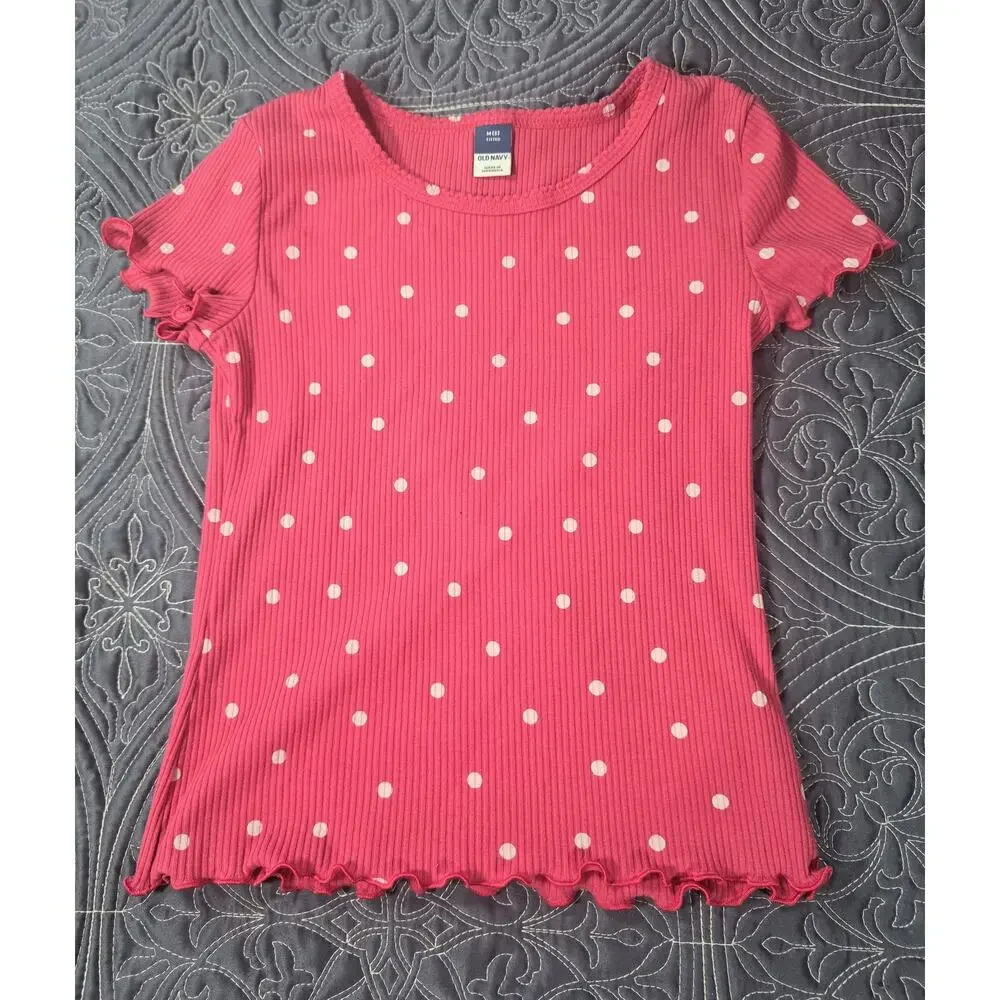 Old Navy Pink Polka Dot Ribbed Lettuce Hem Top Girls Size 8